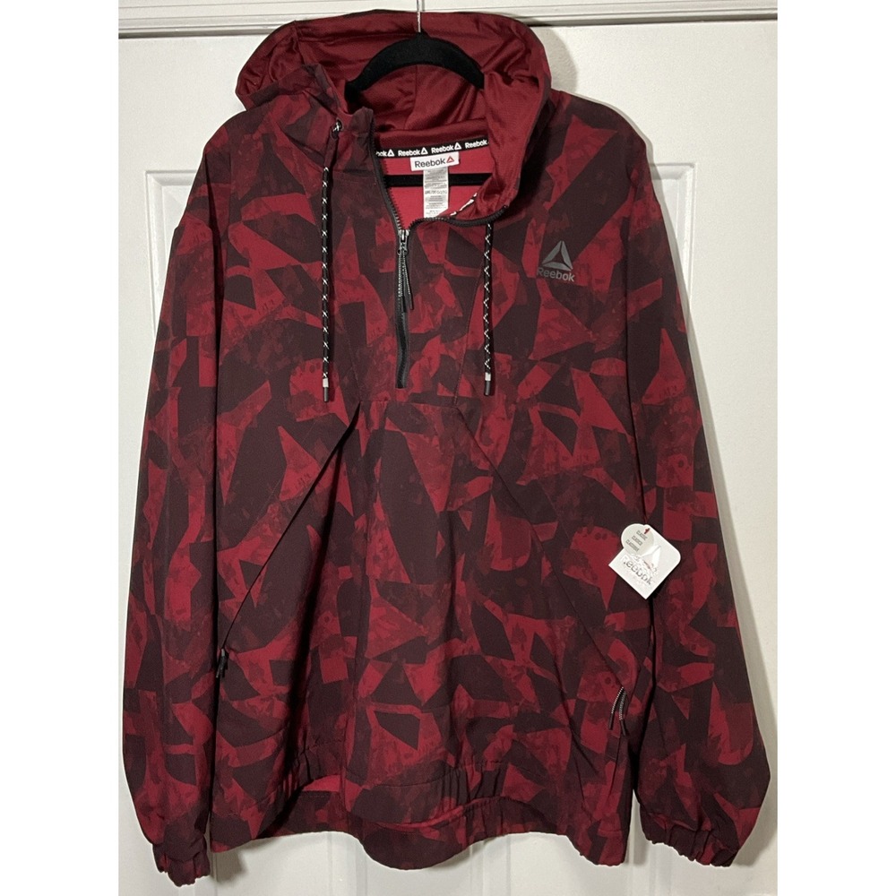 Reebok 1/2 Zip Woven Anorak Hoodie/Windbreaker Red/Black Rhubarb Print XXL